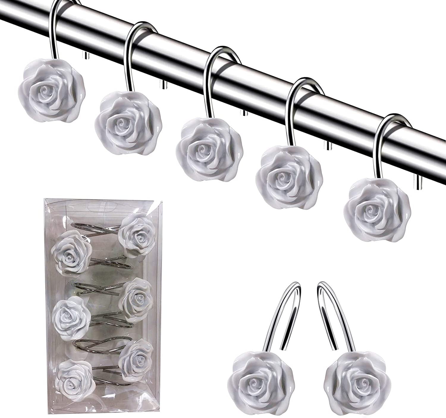 Shower Curtain Hooks, 12 AntiRust Decorative Resin Hooks (5 Colors