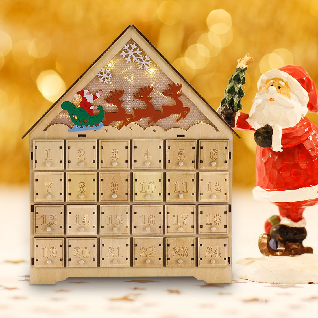 Wooden LED Lighted Santa Sleigh Reindeer Snowflakes Christmas Countdown