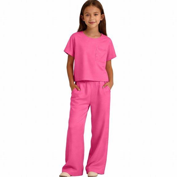 EnJoCho Girls 2 Piece Outfits Summer Short Sleeve Crew Neck T Shirts Tops Wide Leg Sport Pants Sets Kids Cute Casual Oversized Girls Breathable Sport pants Sets