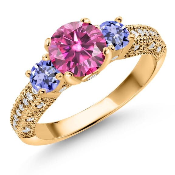 Gem Stone King 18K Yellow Gold Plated Silver Pink Moissanite Blue Tanzanite and White Moissanite Engagement Ring for Women (1.88 Cttw, Gemstone, Round 7MM and 4MM, Size 6)