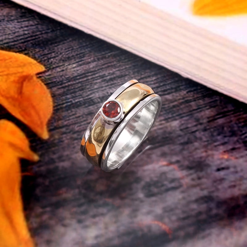 Red Garnet Gemstone 925 Sterling Silver Spinning Fidget Spinner Ring
