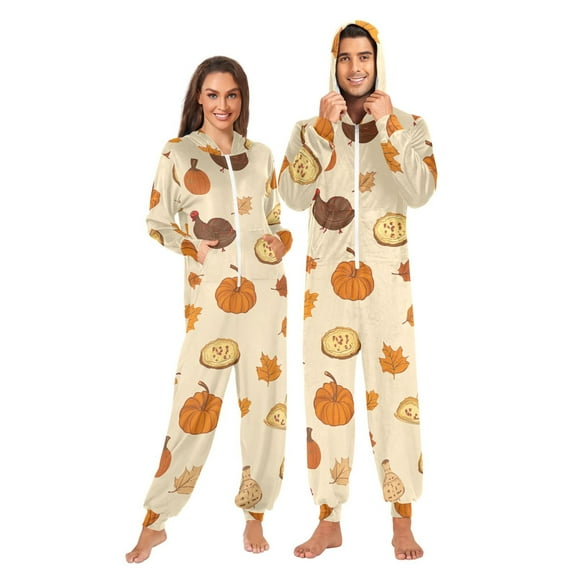 Thanksgiving Autumn Theme Adult onesie Pajamas, Crystal Velvet Ultra Soft Warm Jumpsuit for Men and Women
