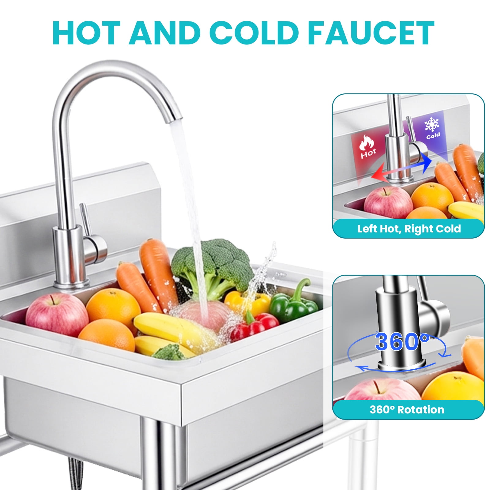 Commercial Kitchen Sink Free Standing Single Bowl Washing Hand Basin Laundry Tub Utility Sink 20 in Silver Lightweight with Installation Kit for Café, Bistro, Indoor