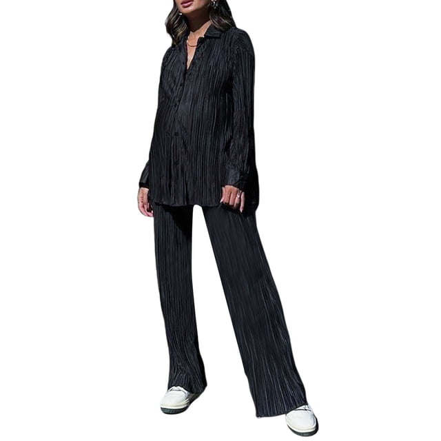 SAYOO Traje de dos piezas para mujeres, camisa de botón de manga larga + traje de pantalones SAYOO moda