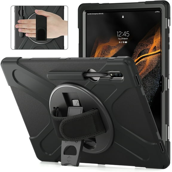 Dteck Case for Samsung Galaxy Tab S8 Ultra 14.6-inch,Heavy Duty Armor Rugged Case Shockproof Rubber 3-Layer Protection Kickstand Hand Strap for Galaxy Tab S8 Ultra 14.6" X900 X906,Black