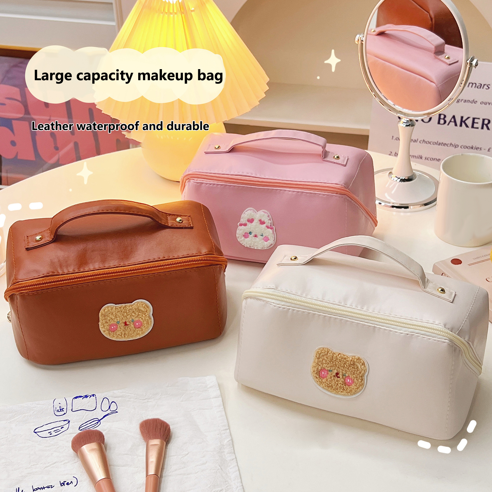  YUNZSXJY Large Capacity Cosmetic Bag Travel Makeup Bag for  Women with Portable Handle, Opens Flat Multifunctional Checkered Makeup Bag  Waterproof PU Leather Toiletry Bag, Pink : Beauty & Personal Care