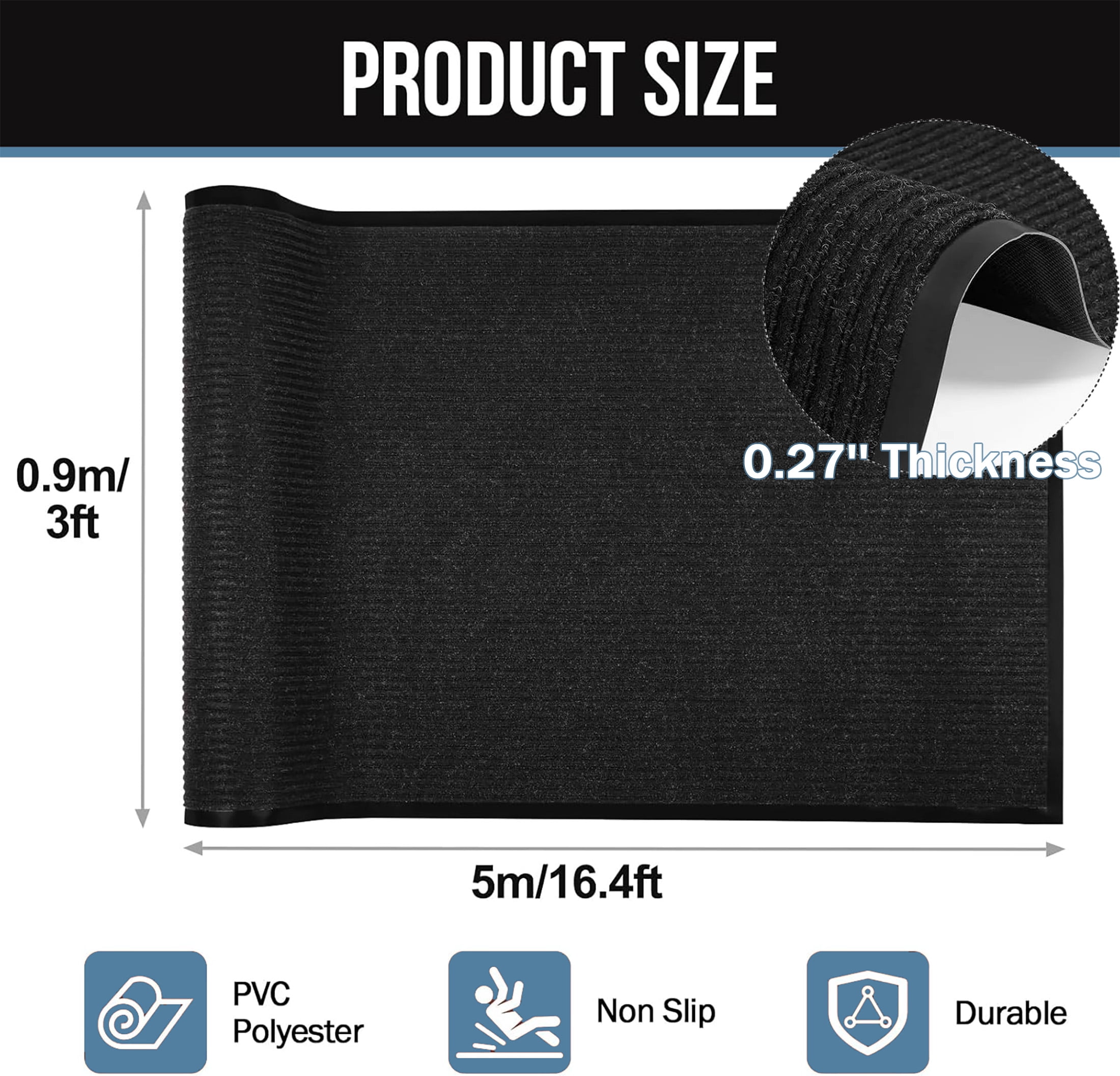 OVYEOFR 16.4 x 3 ft Commercial Carpet Entrance Mats, Non Slip Commercial Floor Mat Runner Rug Utility Mat, Black