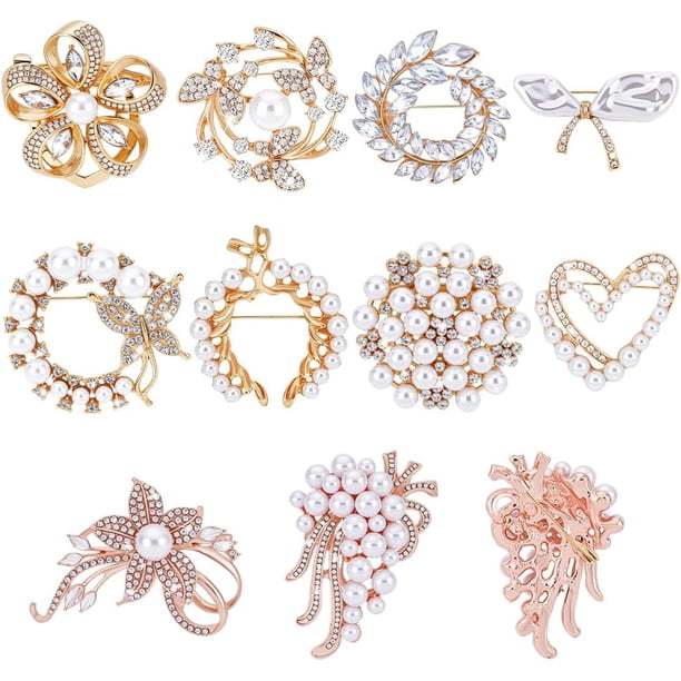 10 estilos de broches para mujer: broches de perlas, broches de solapa, broches elegantes de aleación con diamantes de imitación, flores y corazones.