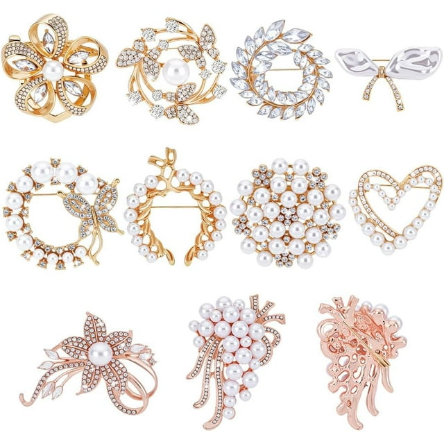 10 estilos de broches para mujer: broches de perlas, broches de solapa, broches elegantes de aleación con diamantes de imitación, flores y corazones.