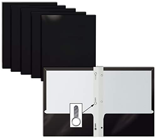 2 Pocket Glossy Black Paper Folders with Prongs, 25 Pack, by Better Office Products, Letter Size, High Gloss Black Paper Portfolios with 3 Metal Prong Fasteners, Box of 25 Glossy Black Folders
