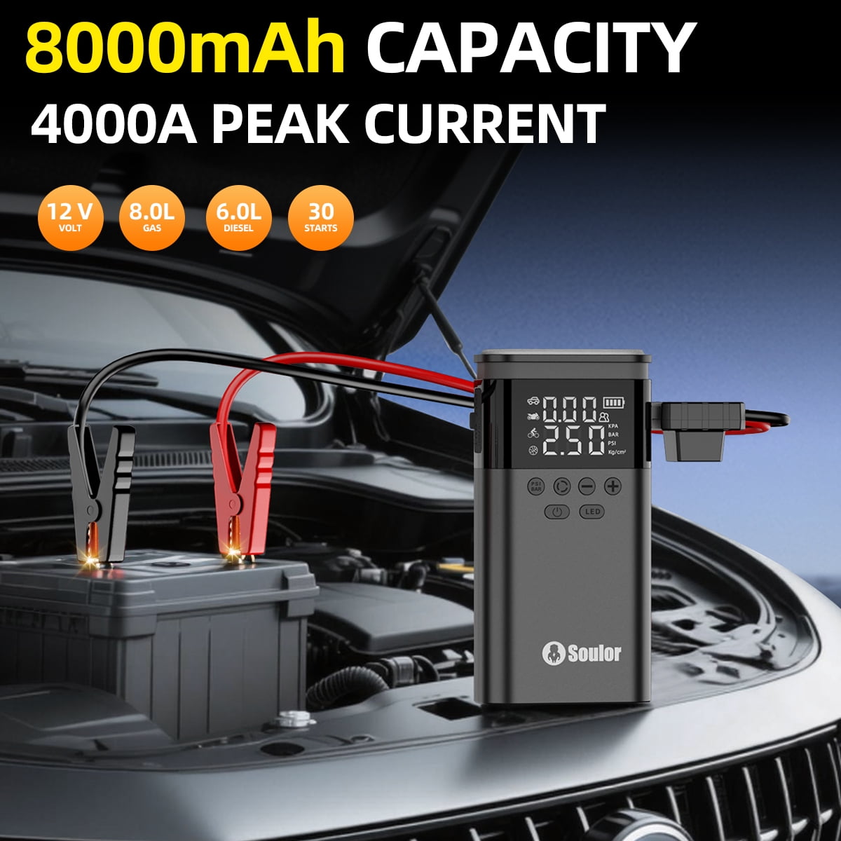 Jump Starter with Air Compressor, 4000A Battery Jump Starter (for 5.0L Gas or Up to 3.5L Diesel),150PSl Digital Tire Inflator with Emergency Light