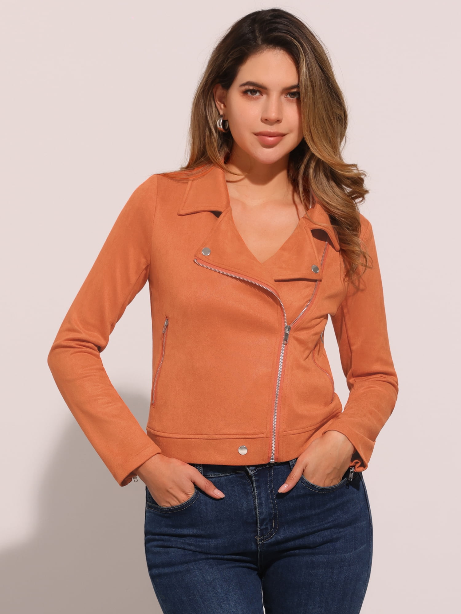 DARING DIVA Short Zip Up Convertible Collar Faux Suede Jacket XS Orange
