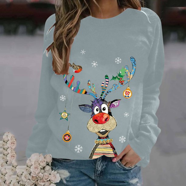 Pntutb - Sudadera con estampado navideño de manga larga para mujer, informal, a la moda, blusa Pntutb Pntutb-8898