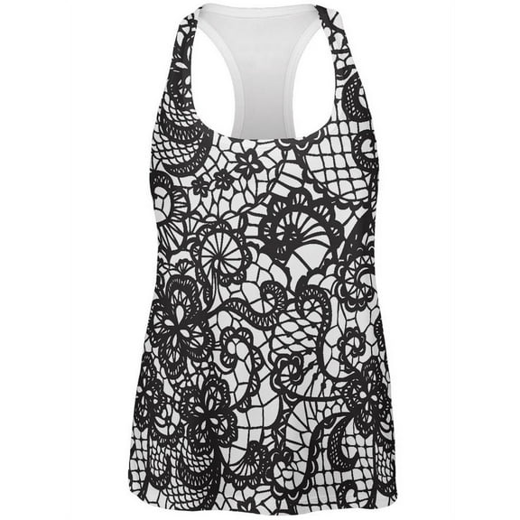Black And White Lace All Over Womens Racerback Tank Top - Large