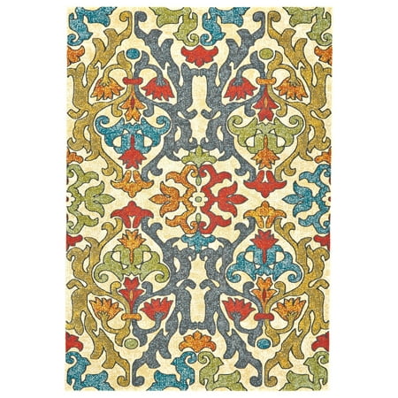 Saluda Geometric Floral Rug, Moss Green/Blue/Red, 5ft x 8ft Area Rug