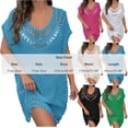 thumbnail image 3 of Antinious Ladies V-Neck Short Sleeve Hand Crochet Neck Splice Solid Coverup Versatile Casual Dress, 3 of 5