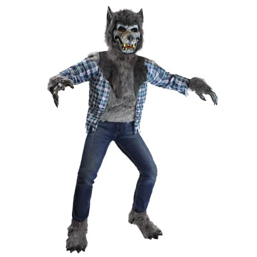 disfraz de hombre lobo spooktacular creations azul (xl 12-14) Disfraz infantil unisex con camisa a cuadros azul, torso y brazos con piel sintética gris, máscara con orejas puntiagudas, manos con garras moldeadas y cubiertas de botas peludas; vista frontal de cuerpo entero sobre fondo blanco, ideal para Halloween infantil, fiestas temáticas o juego de rol escolar.
