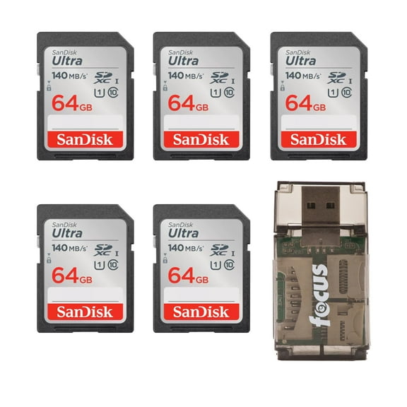 SanDisk 64GB 140 MB/s SDXC Memory Card (5-pack) with All-In-One Card Reader