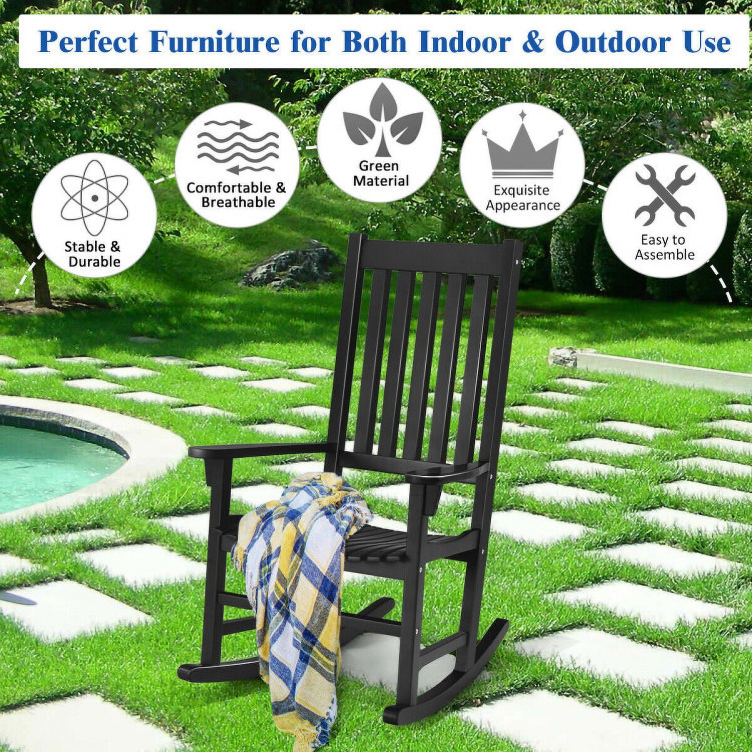 Aimee Lii Outdoor Rocking Chair, Patio Wooden Rocker Chair for Lawn, Porch, Backyard, Indoor and Garden, Black