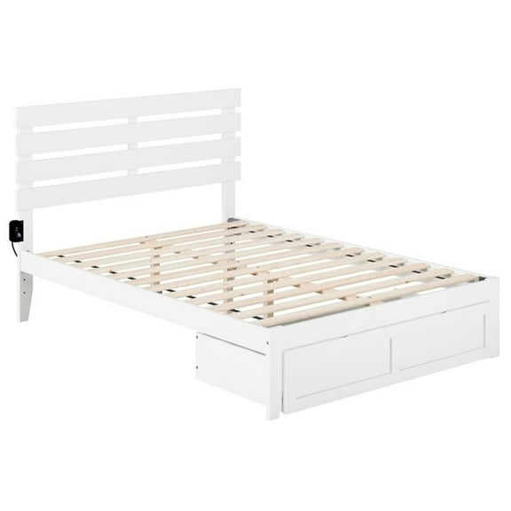 Pemberly Row Farmhouse Solid Wood Full Bed with Foot Drawer in White