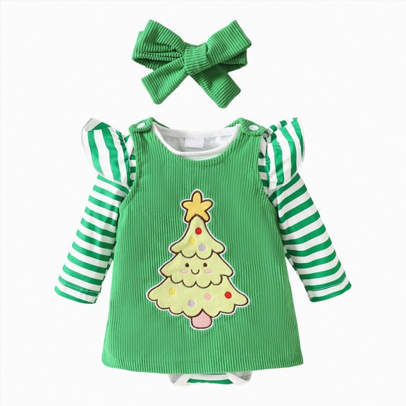 CAICJ98 Newborn Baby Girl Christmas Outfit Ruffle Long Sleeve Romper Suspender Skirt Overall Dress with Headband 3Pcs Clothes Set,Size 3-6 Months