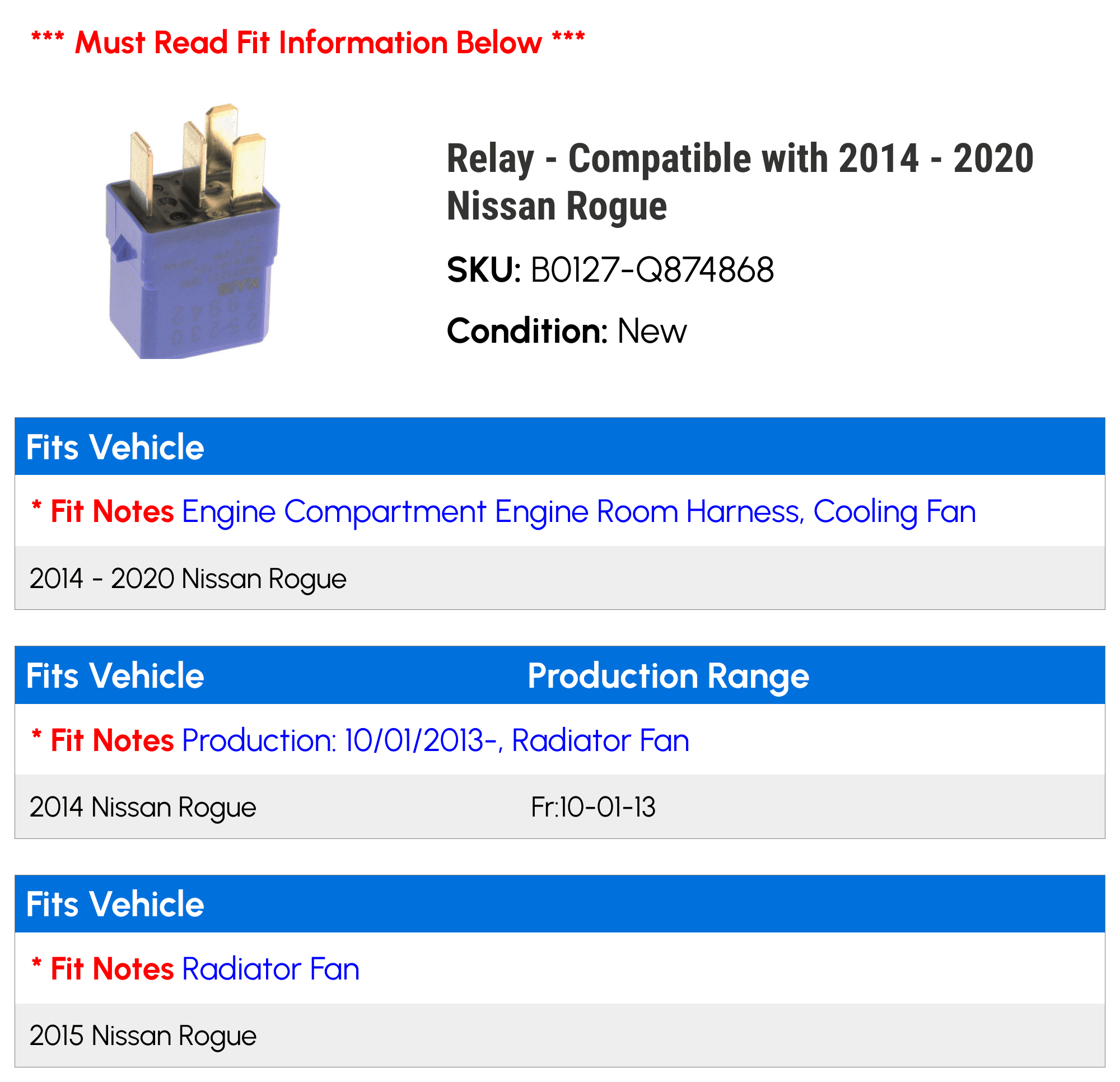 Relay - Compatible with 2014 - 2020 Nissan Rogue 2015 2016 2017 2018 2019