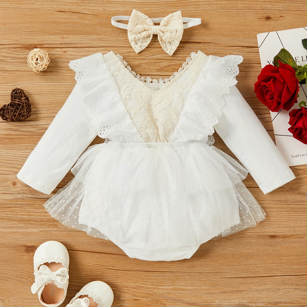 Infant Baby Girls Summer Romper Dress Lace Baptism Flying Sleeves Floral Clothes 