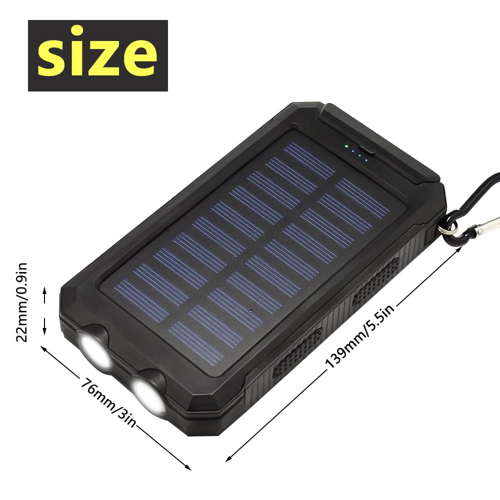 DFITO 10000mAh Solar Power Bank for Cell Phone iPhone, Portable Solar Charger with Dual 5V USB Ports, 2 Led Light Flashlight, Compass Battery Pack for Outdoor Camping Hiking ,Black