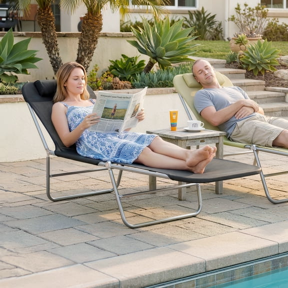 Outsunny Portable Sun Lounger, Lightweight Folding Chaise Lounge Chair w/ Adjustable Backrest & Pillow for Beach, Poolside and Patio, Black