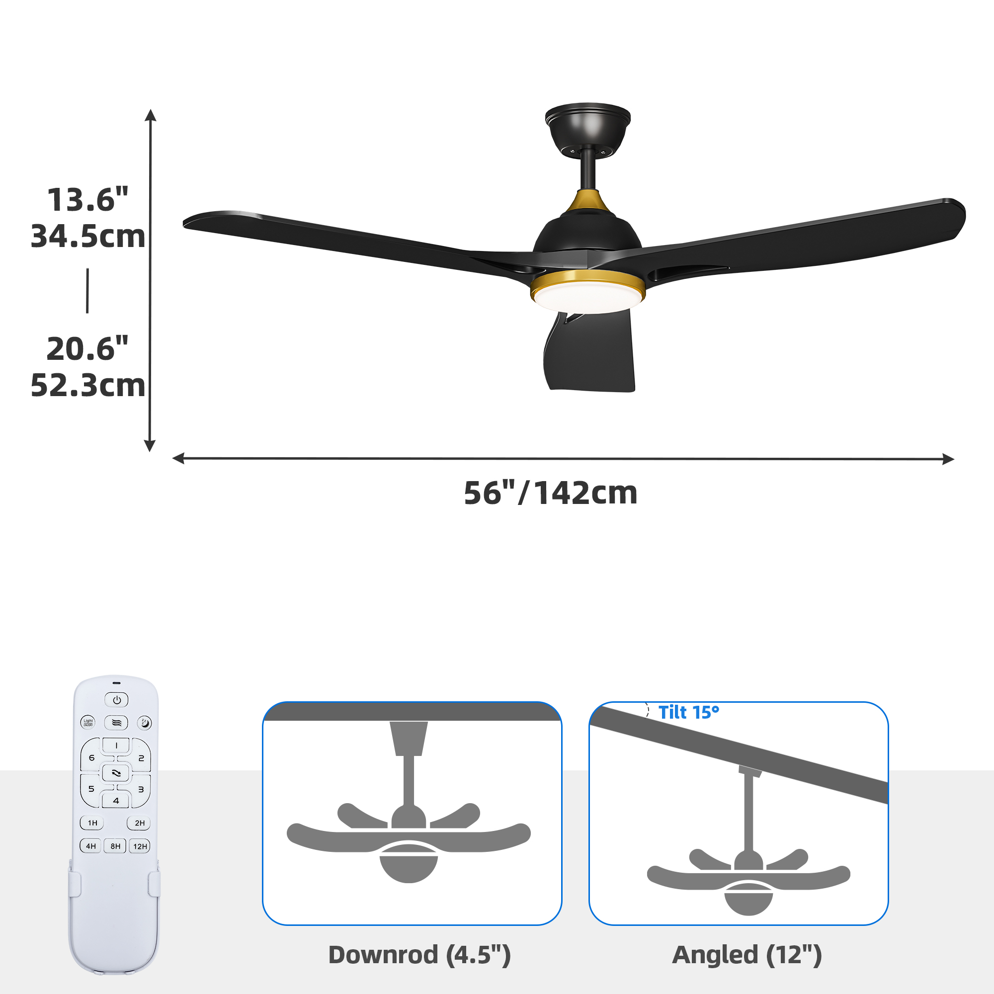 Uforic Dextrus 56-Inch Modern Ceiling Fan with Light, 3-Blade Reversible Design, Quiet 6-Speed DC Motor, Remote & App Control, Black