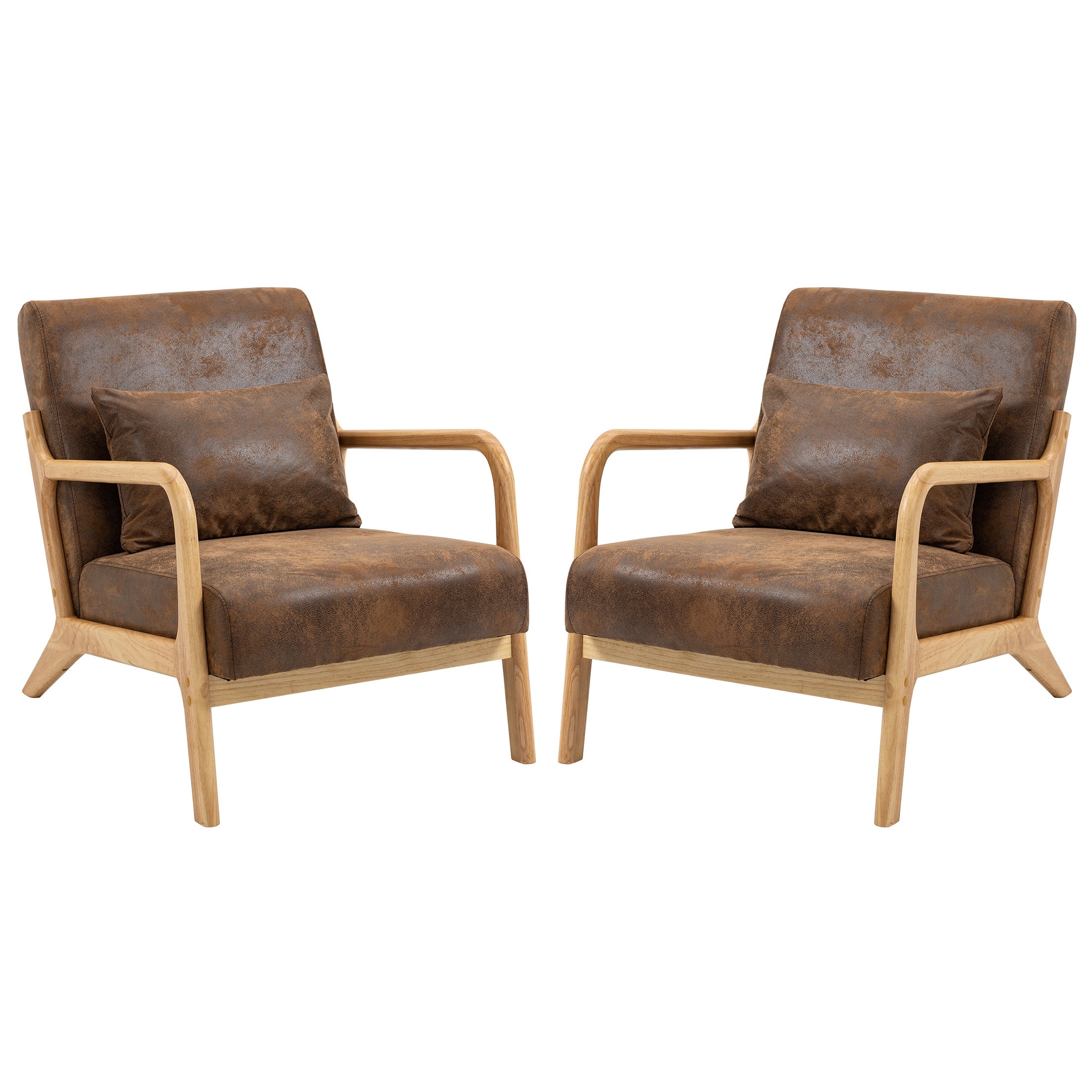 PAPROOS Accent Chair Set of 2, Mid-Century Modern Armchair with Solid Wood Frame and Pillow, PU Leather Upholstered Reading Chair for Living Room Bedroom, Brown
