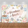 thumbnail image 1 of Fondo de fotografía con tema de aventura, flores rosas, Let The Adventure Begin, decoraciones para fiestas, fondos para fotos, mapa del mundo, viajes globales, avión, cumpleaños, despedida de soltera, 1 of 3