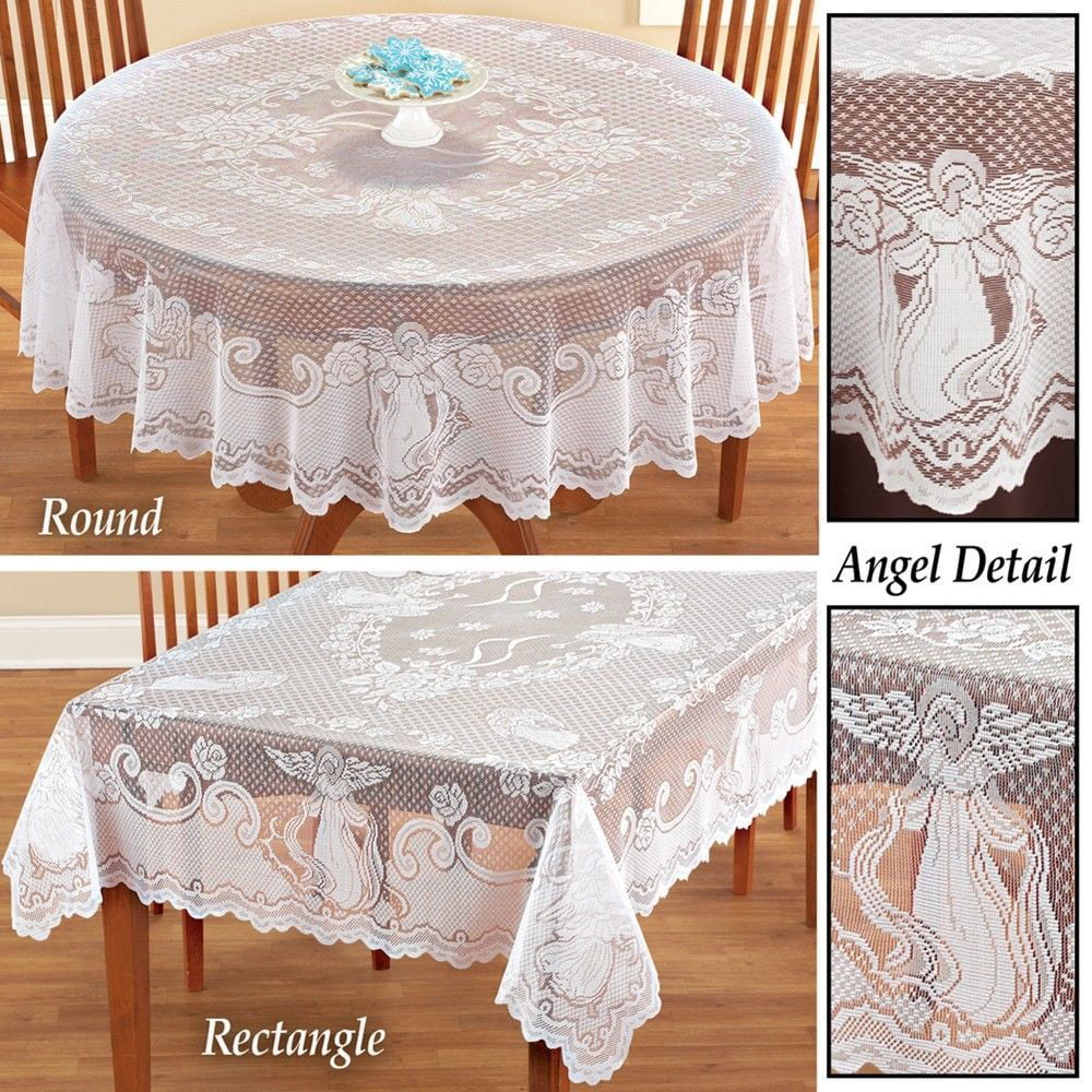 AQQA Round Large Picnic Table Cover Green Nature Tree Leaves Painting Dining Table Cloth 60 Inch Lace Stitching Macrame Polyester Decoration
