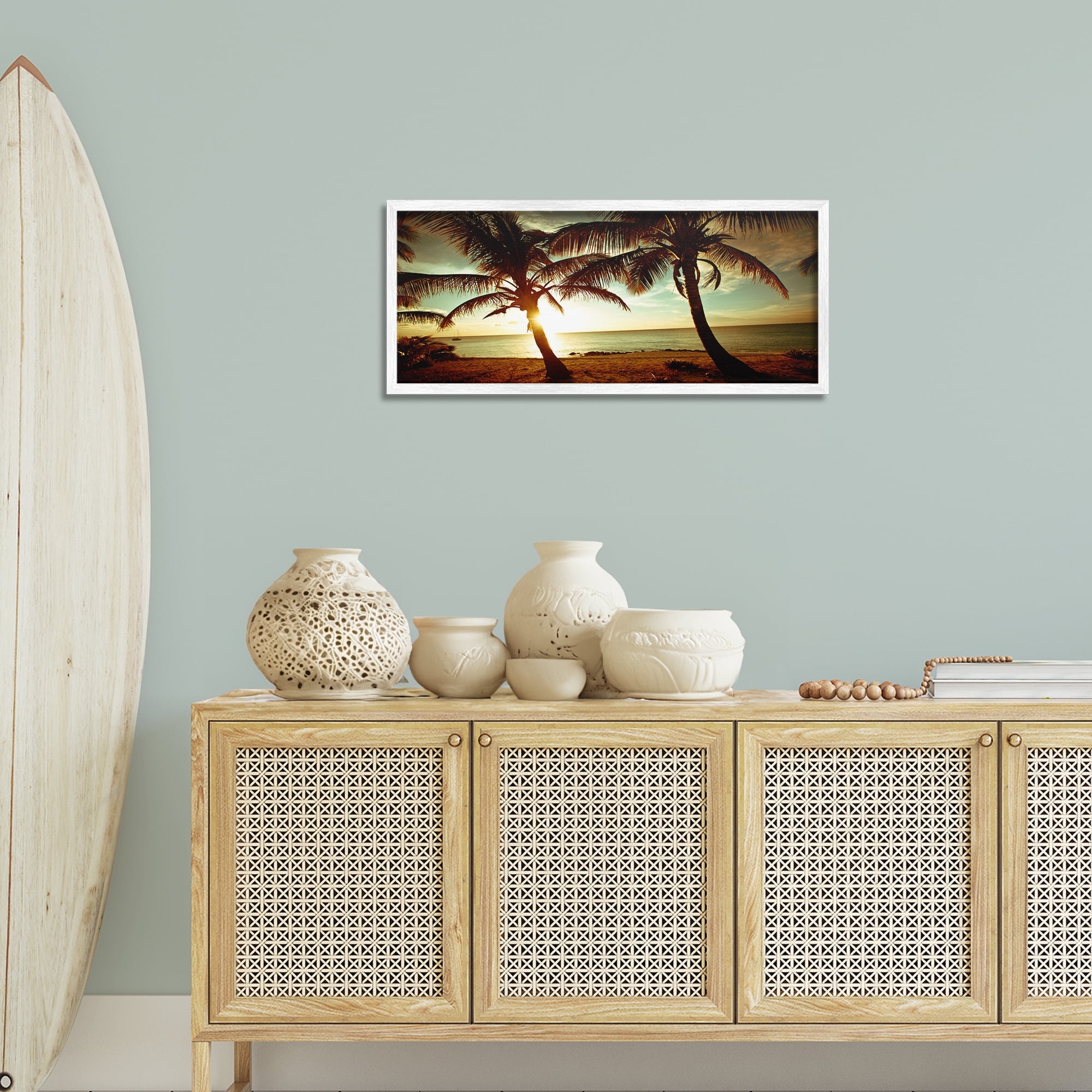 Stupell Industries Sunlit Palm Trees Coastal Photography White Framed Art Print Wall Art, 30 x 13