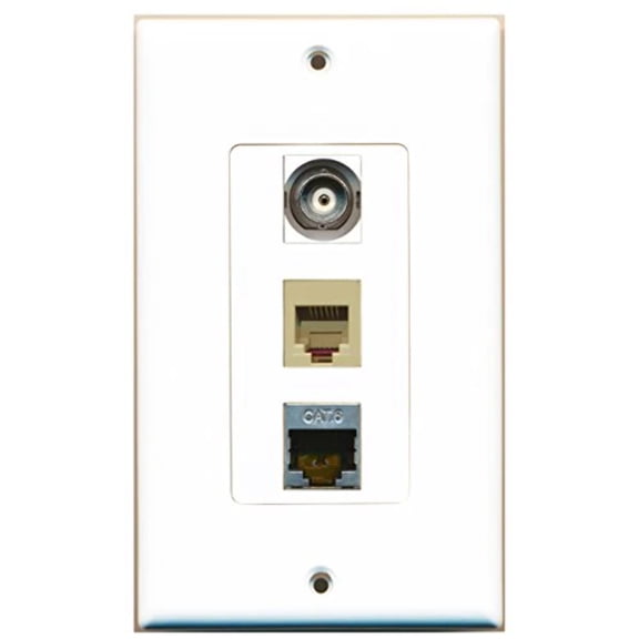 RiteAV - 1 Port Phone RJ11 RJ12 Beige and 1 Port Shielded Cat6 Ethernet and 1 Port BNC Decorative Wall Plate Decorative