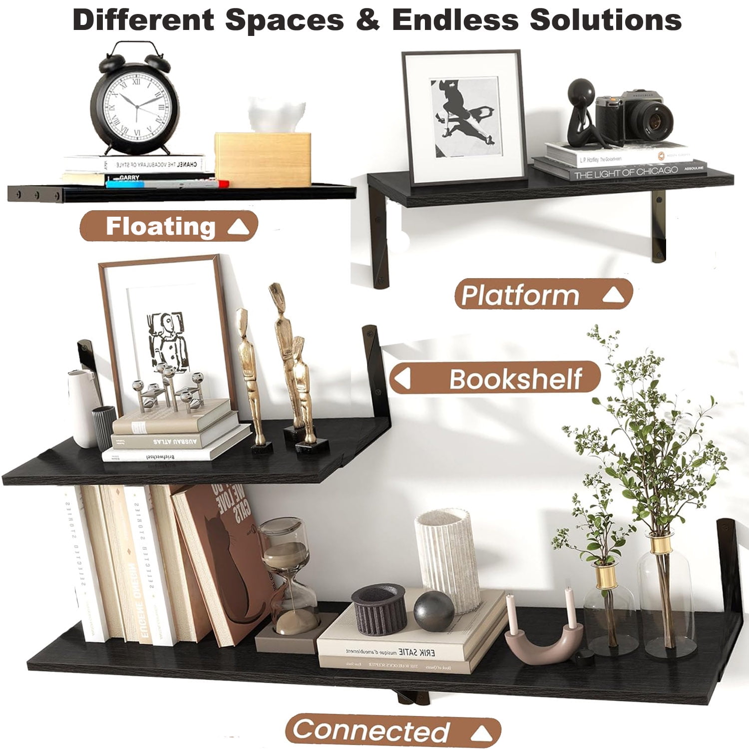 16" Floating Shelves Wall-Mounted Rustic Decor Set of 6 Wood Storage Bathroom Shelf Over The Toilet, Dark Brown