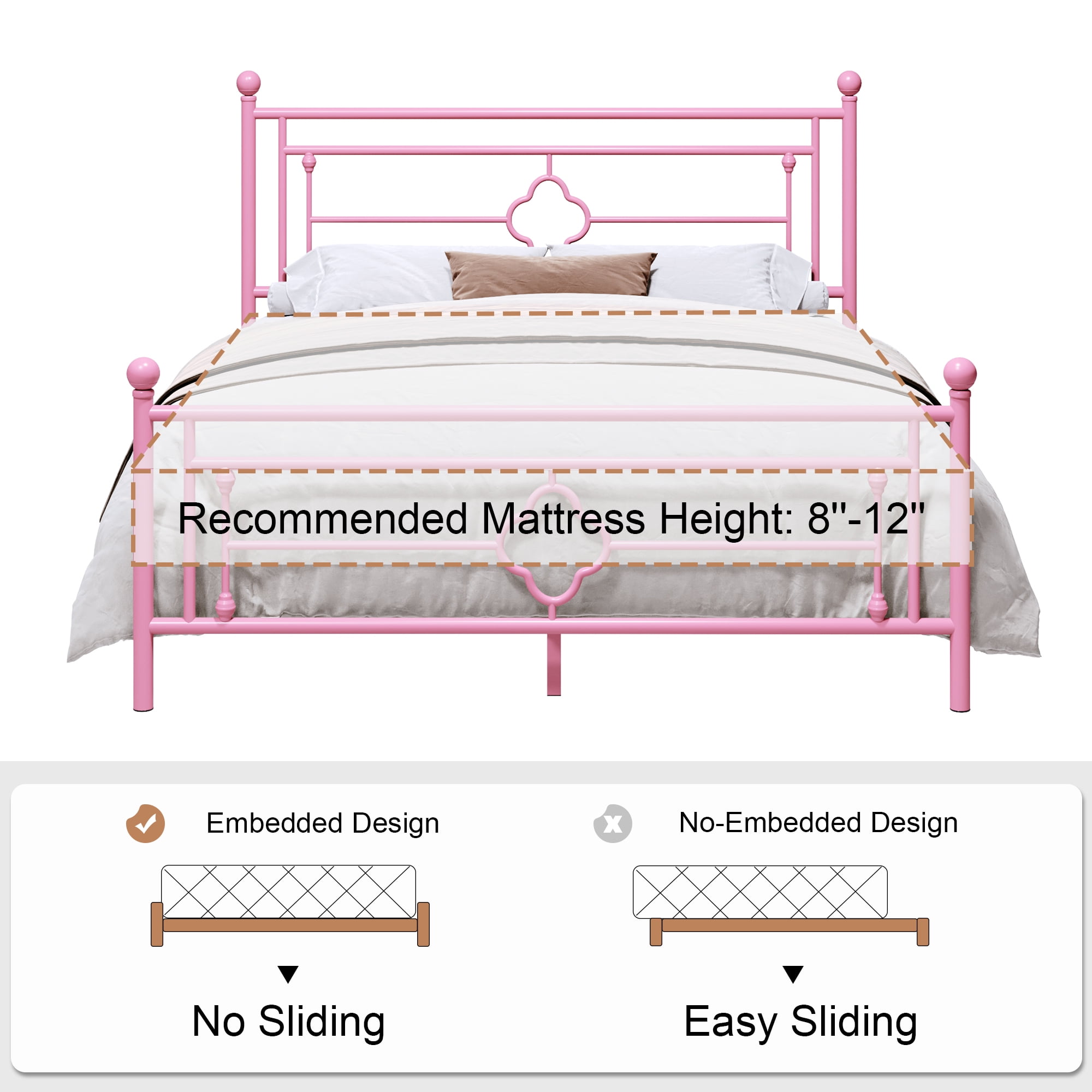 Sha Cerlin Pink Queen Size Metal Platform Bed Frame with Victorian Vintage Headboard