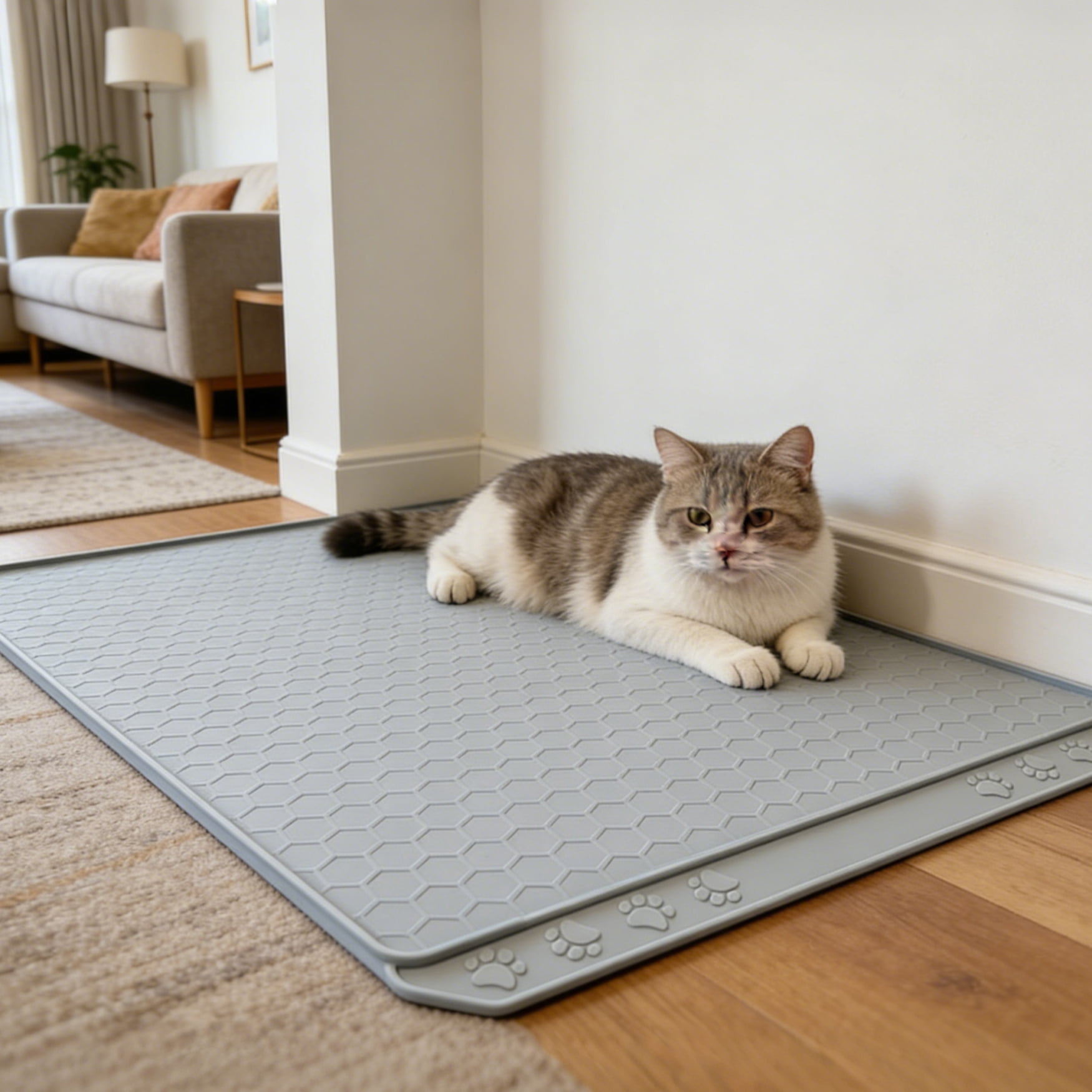 Tisoloow Silicone Large Cat Mat for Litter Box Waterproof 34" X 22" Trapping Mat for Kitty Litter Box Easy to Clean Scatter Control Non-Slip Durable Pad for Floor Grey