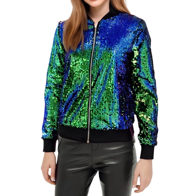 Veste de Baseball à Manches Longues avec Perles de Carnaval pour Femmes, Paillettes, Fermeture Éclair, Veste Décontractée, Manteau Vert