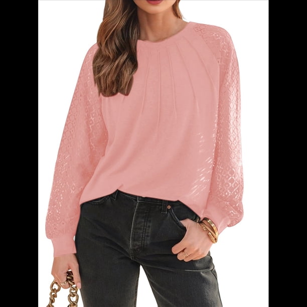 Camisas de Larga para Mujer, Blusas de Encaje, Ropa Informal de Negocios, Moda de Otoño, Blusas Tejidas Y2k Rosa S