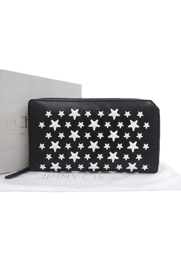 Pre-Owned JIMMY CHOO round long wallet in black leather with white studs and stars (Good)