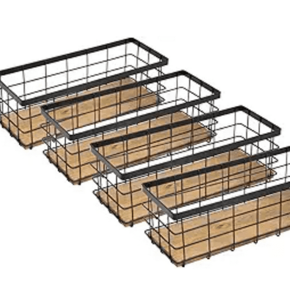 Farmhouse Small Metal Wire Storage Basket Bin, Rustic Home Storage Organizer with Wooden Bottom for Kitchen, Cabinets, Bathroom Counter, Pantry, Garage, Laundry Room - Black (4 Pack)