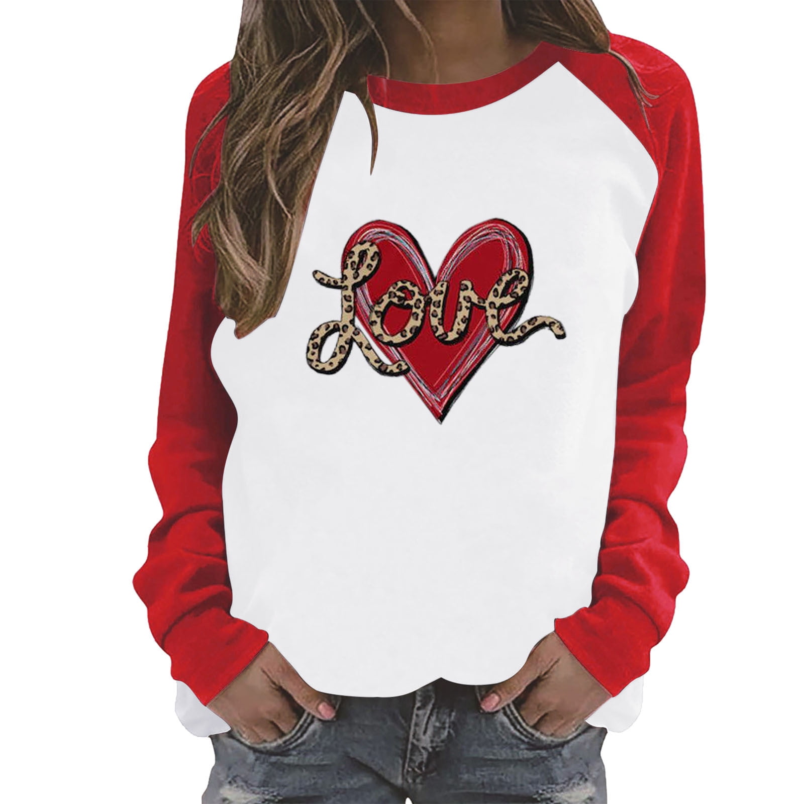 Beppter Womens Tops Love Printed Round Neck Raglan Long Sleeve Tee Shirt  Top Valentine's Day S White