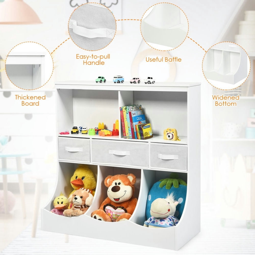 Resenkos Freestanding Combo Cubby Bin Storage Organizer Unit W/3 Baskets-White, Kids Toy Storage for Kids, Boys, Girls, Nursery
