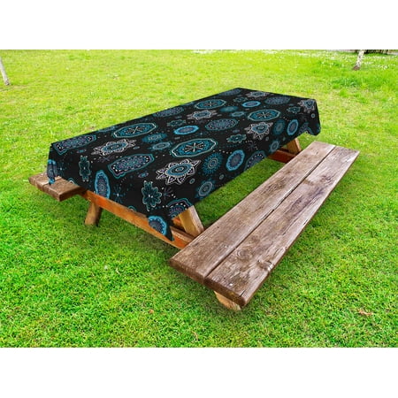 

Dark Blue Outdoor Tablecloth Eastern Style Snowflakes Ethnic Kaleidoscopic Asian Mandala Lace Circle Fashion Decorative Washable Fabric Picnic Table Cloth 58 X 84 Inches Multicolor by Ambesonne