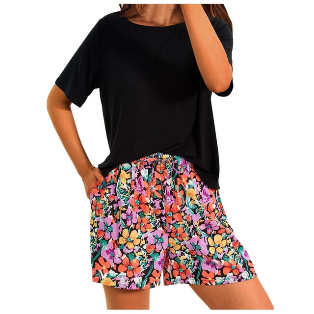 Conjunto de Ropa de Salón de Mujer Cuello Redondo Impresión de Manga Corta Blusa Y Pantalones Cortos, Elástico de la Cintura Bolsillos Conjunto