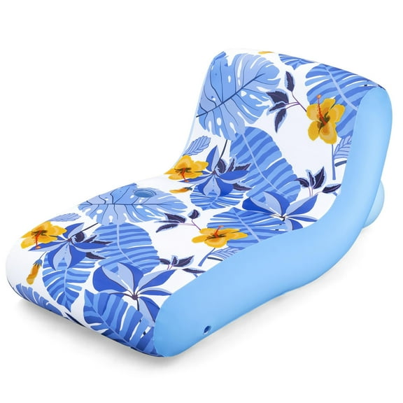 H2OGO! Blissful Drifter Fabric Lounge - 69" x 42", Blue-Yellow Tropical Pattern, Inflatable Pool-Water Float, Removable Washable UPF Cover, Cup Holder