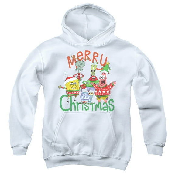 SpongeBob Merry Christmas Group Youth Kids Boy/Girls Pull-Over Hoodie, White, Medium