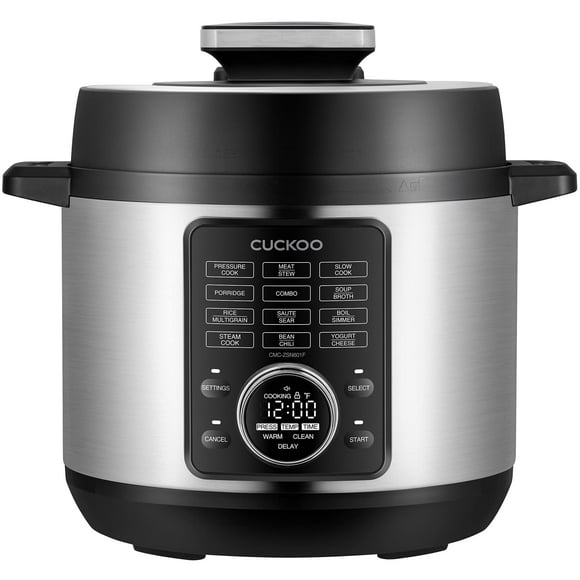 Olla a presión CUCKOO con 10 opciones de menú: vapor, cocción lenta, salteado, gachas y más. Pantalla LED intuitiva. Olla interior de acero inoxidable. Capacidad: 24 tazas/6 cuartos (sin cocinar). CMC