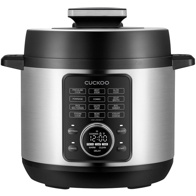 Olla a presión CUCKOO con 10 opciones de menú: vapor, cocción lenta, salteado, gachas y más. Pantalla LED intuitiva. Olla interior de acero inoxidable. Capacidad: 24 tazas/6 cuartos (sin cocinar). CMC